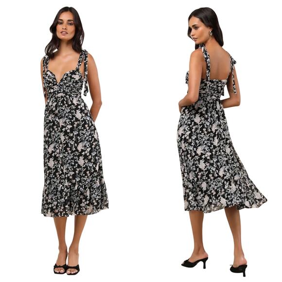 Lulus Dresses & Skirts - Lulus Dress Lush Loveliness Floral Midi Tie Strap Black Blue Pink S NWOT NEW